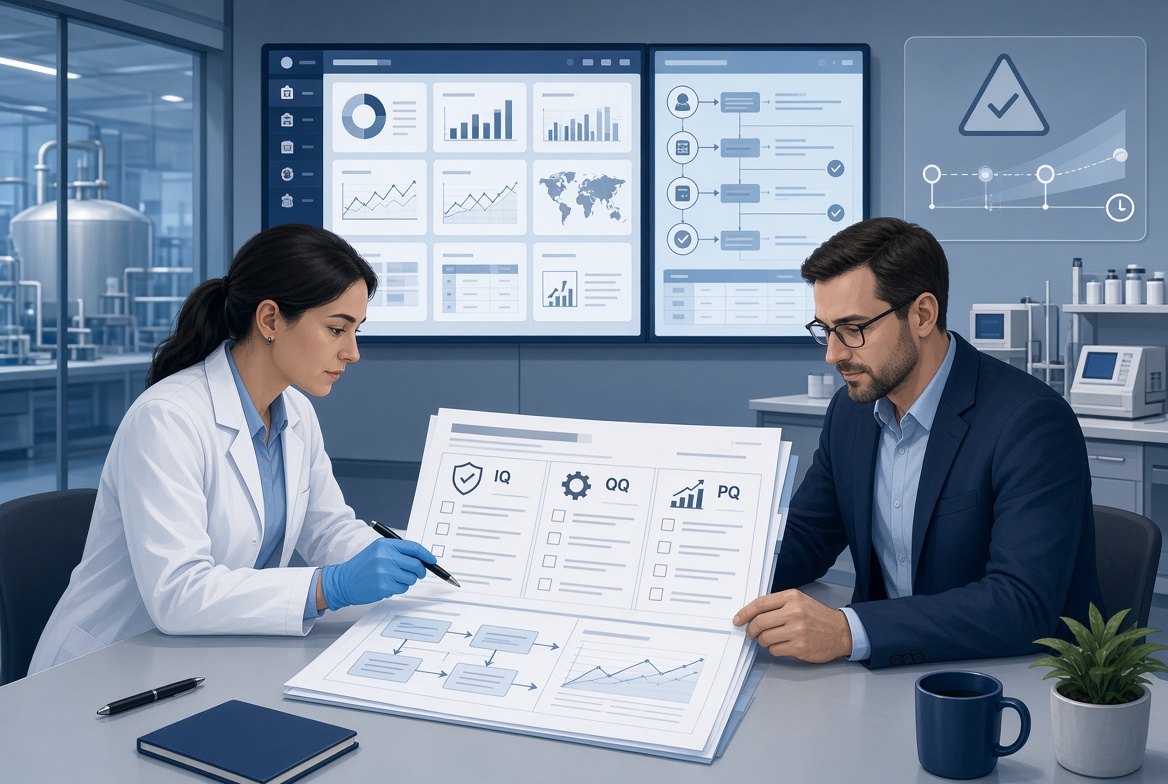 Quality professionals reviewing IQ OQ PQ protocols